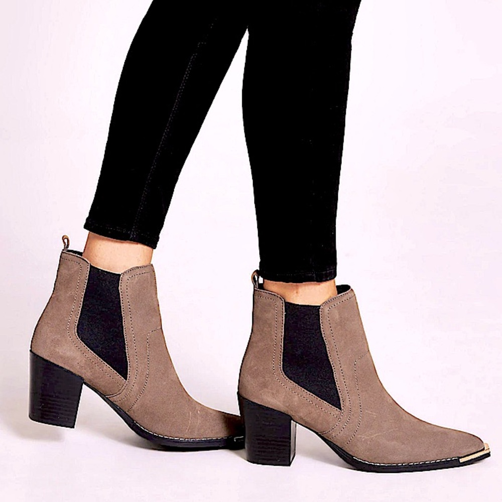 Suede booties w/ Gold toe detail